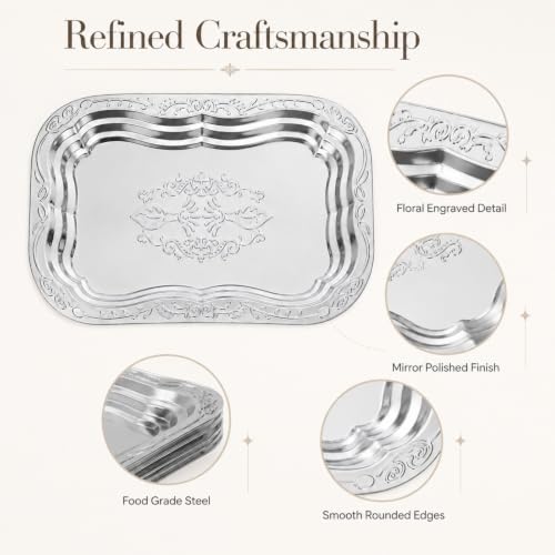 4 Pcs Large Silver Serving Trays, 15.7x10.8 in Stainless Steel Rectangular Serving Tray, Decorative Floral Engraved Platters for Party, Wedding, Buffet, Home Kitchen - size: 15.7x10.8 in