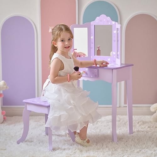 Teamson Kids Classic Hearts Prints Gisele Wood Play Vanity Set, Purple - color: Purple