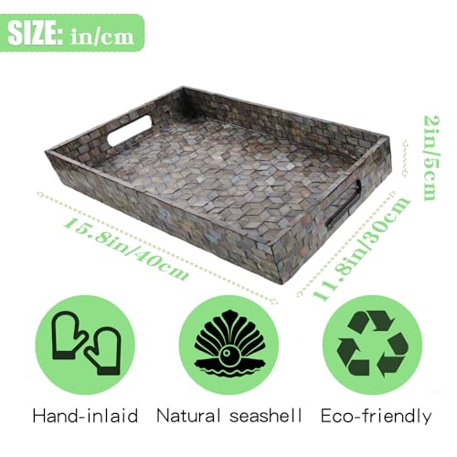 Rectangular Mother of Pearl Serving Tray, Handmade Ottoman Decorative Shell Tray with Handles for Fruit Bread Tea Breakfast Coffee Table Party Home Decor (Dazzling Mosaic) - color: Dazzling Mosaic