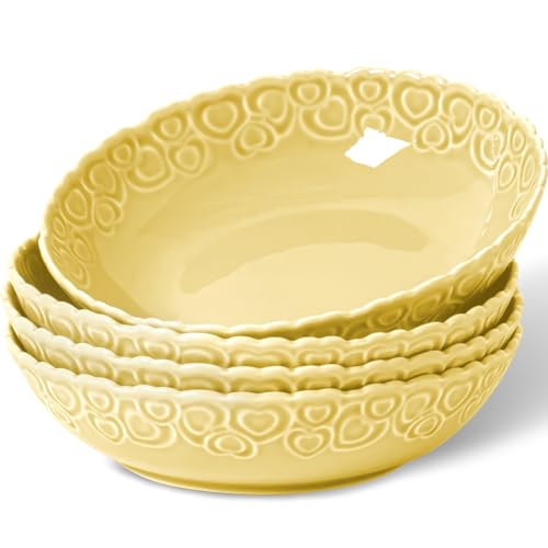 HOMBENE Heartbeat Pasta Bowls Set of 4, 40oz, Porcelain Wide and Shallow, Soup, Pasta, Noodle, Dinner, Large Salad Bowls Soup Bowl for Kitchen, Microwave & Dishwasher Safe (Lemon Yellow) - color: Lemon Yellow, size: 40oz