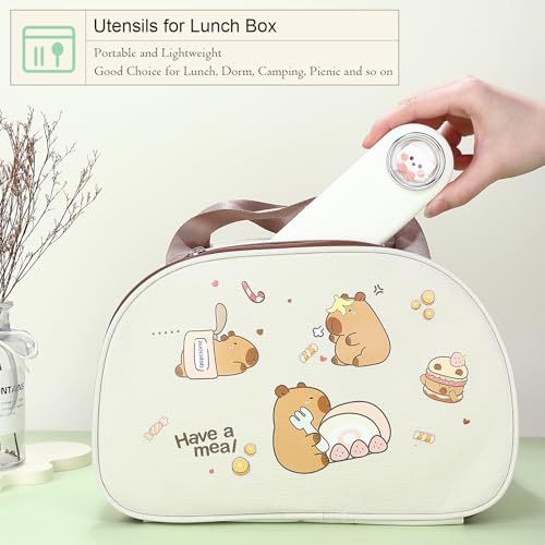 DEVICO Travel Utensils with Case Cute, Reusable Silverware for Lunch, 4Pcs Portable Cutlery Set, 18/8 Stainless Steel Fork Spoon Chopsticks in Cartoon Case, Dishwasher Safe (White) - color: White