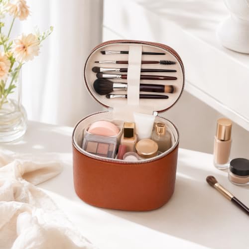 Cosmetic Case, Leather Makeup Bag, Portable Handheld Makeup Case, Detachable Compartments - color: beige, size: M(8*5.5*6in)