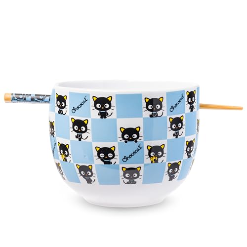 Silver Buffalo Hello Kitty and Friends Chococat Checkered Pattern Ceramic Ramen Noodle Rice Bowl with Chopsticks, Microwave Safe, 20 Ounces - color: Chococat Checkered, size: 20 Ounces (No Spoon)