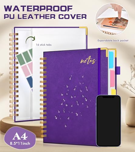 Hardcover Spiral Notebook Journal 8.5" x 11" Leather 5 Subject Notebook with Removable Dividers Tabs, 300 Pages Organizer Notebooks for Work School, College Ruled, Large Lined Journal for Women,Purple - color: Deep Purple, size: A4