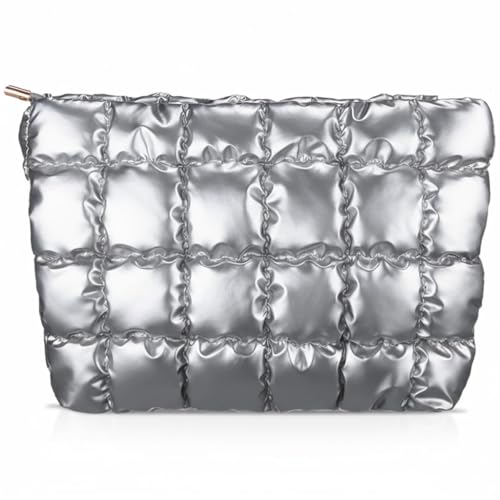Hillban Silver Puffy Quilted Makeup Bag for Women Cosmetic Gift, Classic - color: Silver, size: Classic