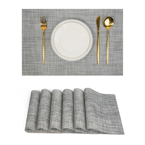 Placemats Set of 6，Non-Slip PVC Weave Table Mats Easy to Clean，Heat Resistant Place Mats for Kitchen Dining Table Decoration Indoor Outdoor，Gray - color: Gray