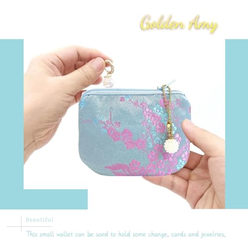 Handmade Women Coin Purse Brocade Rosary Bag Silk Jewelry Pouch Zipper Wallet - LightBlue_Pink - color: LightBlue_Pink