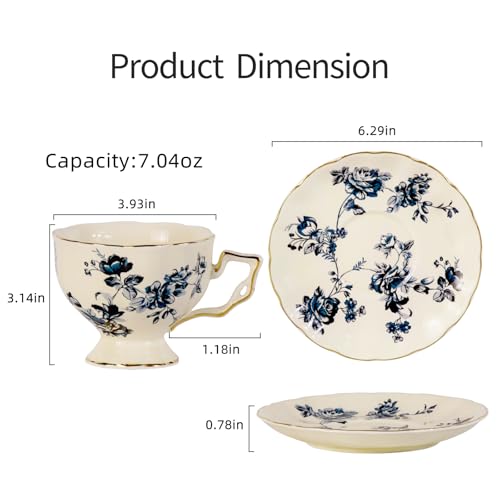 KAMMAK Tea Cups and Saucers Set of 2, 6.8 oz Porcelain Coffee Cups, 563N - size: 7KPSP563N