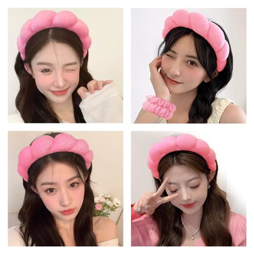 Spa Headbands for Washing Face Wristband Set Sponge Makeup Skincare Headband Wrist Towels Bubble Soft Terry Towel Cloth Hairband for Women Puffy Headwear Non Slip Thick Thin Hair Headwear (Rose red) - color: Rose red