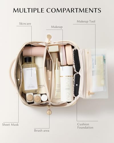 EACHY Travel Makeup Bag for Women, PU Leather Cosmetic Bag, White, Medium - color: F - White, size: Medium