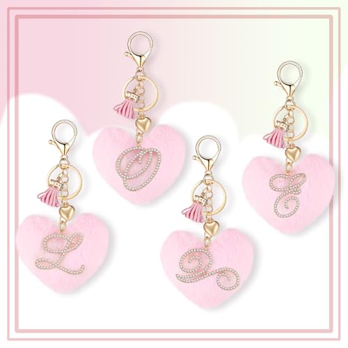 Initial Letter Heart Pom Pom Keychain for Women Pink Soft Fluffy Ball Key Ring for Purse Backpack Handbag - color: O