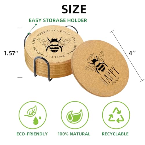 Coasters for Drinks with Holder Set of 6, Bee Coaster Absorbent Cork Wood for Cup Desk Office Table Kitchen Decor House Warming Gifts for New Home Couples, Round 4" - color: Beer