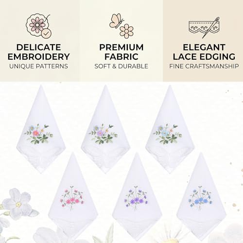 6Pcs White Handkerchief, Women's Handkerchief with Lace, Floral Embroidered Cotton Handkerchiefs with Bow Edge for Wedding, Bride, Party, Daily Use (11 inch)