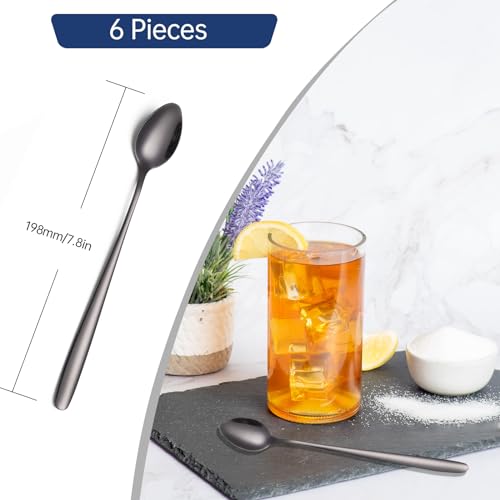 Black Long Handle Iced Tea Spoons, 7.8-Inch Coffee & Ice Cream Spoons, Stainless Steel Set of 6 - color: D-Black Set of 6