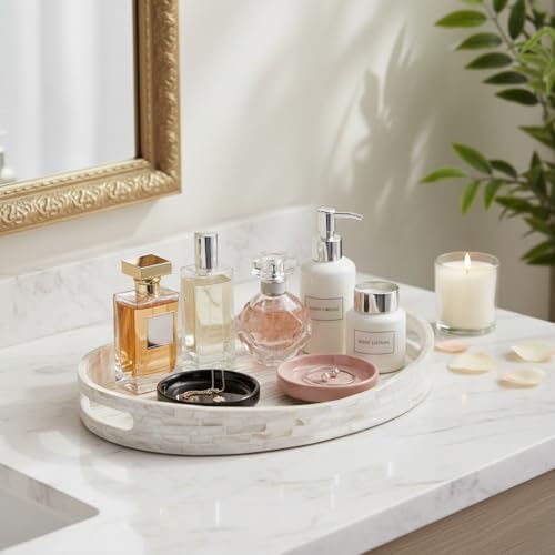 PEMAR 15.7"x11.8" Oval Mother of Pearl Serving Tray, Decorative Ottoman Tray for Living Room, Coffee Table, Breakfast in Bed, Candle Display (White Cream) - color: White Cream