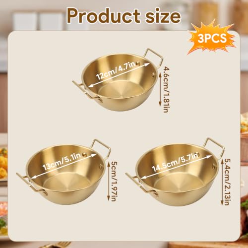 3Pcs Stainless Steel Sauce Dishes with Handles, Korean Golden Dipping Bowls
