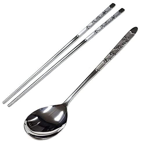 GARASANI Korean Traditional Cutlery Stainless Steel Spoons and Chopsticks Set (Silver Petal) - color: Silver Petal