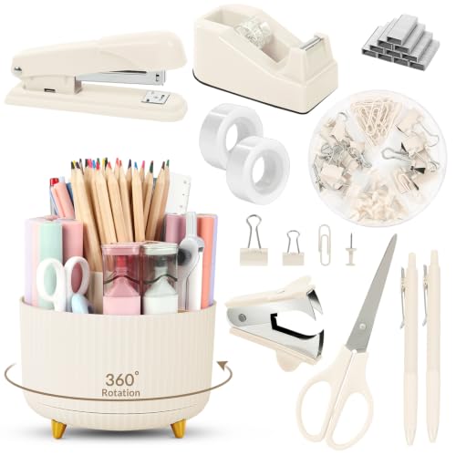 SKYDUE Desk Organizer Set with 360° Rotating Pen Holder - color: Beige