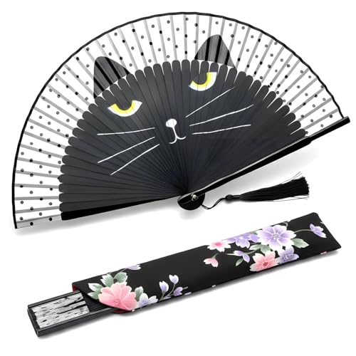 Lysa Hand Fan for Women Foldable - Portable Folding Japanese Chinese Fan - for Hot Flashes, Summer Cooling, Festivals, Church, Dancing (Black Cat) - color: Black Cat