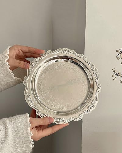 Silver Decorative Tray Set of 2, 8'' Round Vintage Metal Vanity Tray for Perfume, Small Ornate Jewelry Dish, Bathroom Counter Organizer, Coffee Table Decor - color: Silver, size: 8''