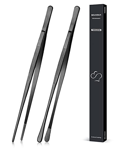 2 Pcs 12-inch Cooking Tweezers Tongs Precision Serrated Tips, Stainless Steel Professional Chef Tweezer Kitchen Tools for BBQ, Plating and Serving (Black) - color: Black, size: 12inch