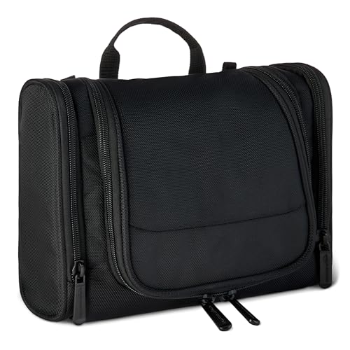 Amazon Essentials Spacious Toiletry Bag, Hanging Cosmetic Dopp Kit with Multiple Compartments, Durable Polyester, Large Capacity Storage, Compact Design, Black (Previously Amazon Basics)