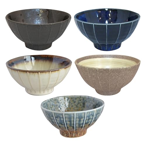 Set of 5 Japanese Ceramic Striped Ichichin Rice Bowls, Deep Soup & Eating Bowls with Distinctive Three-Dimensional Lines,Convenient, Stackable, for Cooking Prep & Serving (Black) - color: Black