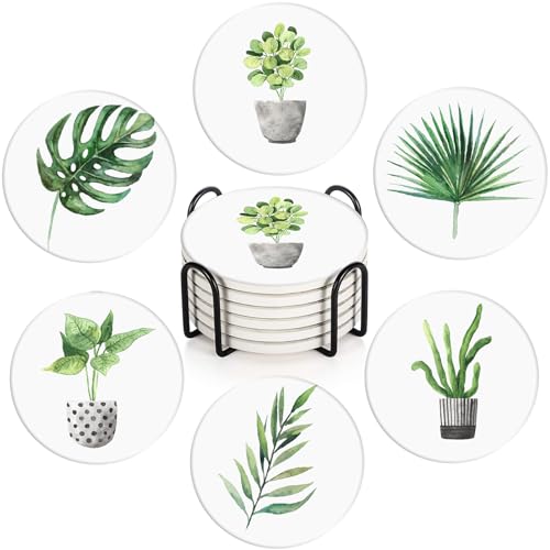 Britimes Coasters for Drinks, Set of 6, Ceramic Stone, Green Leaves - color: Green Leaves