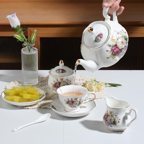 Sweejar Porcelain Tea Set Vintage Floral, British Relief Gold Rim Teapot Cup and Saucer Sets, 22-Piece Tea Sets for Adults, with Teapot, Sugar Bowl, Milk Jug, Spoons, Cup and Saucer (Flower Style) - color: Flower Style