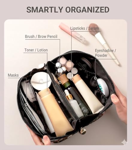 Aveniee Travel Makeup Bag for Women, Large Cosmetic Organizer with Open-Flat Design, Clear Divider & Handle - Waterproof PU Leather Toiletry Case (BunnyPattern) - style: Bunny Bear