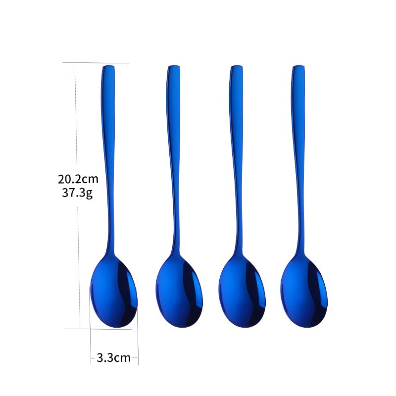 Metal Round Spoons, 8 inch Stainless Steel Reusable Long Handle Korean Soup Spoons, Table Dinner Desert Spoon Set of 8 (Blue) - size: Blue
