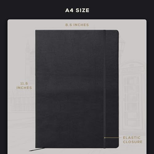 BEECHMORE BOOKS A4 8.5x11.5 Lined Leather Journal For Men 120 GSM, Gift Box - color: Charcoal Black, size: A4 - 8.5" x 11.5" Large