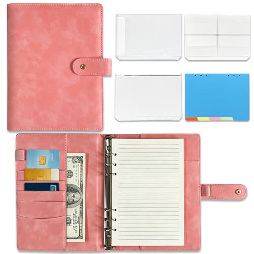 A5 6 Ring PU Leather Binder Notebook Refillable Planner Organizer, Budget Binder with Pockets Dividers Refill Paper for Office School Travel Diary (Pink) - color: Pink