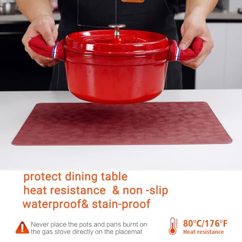 Red Vinyl Placemats Set of 6 Waterproof Wipeable Table Mats - color: Red