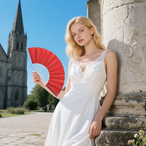 EOSAU 6 Pack Glitter Folding Hand Fans Foldable, Clacking Fans for Women - color: 9" 6 Mixed Colors
