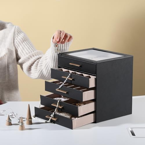 Frebeauty Jewelry Box for Women,Clear Lid Jewelry Organizer with 5 Drawers - color: Black, size: 5 Drawer