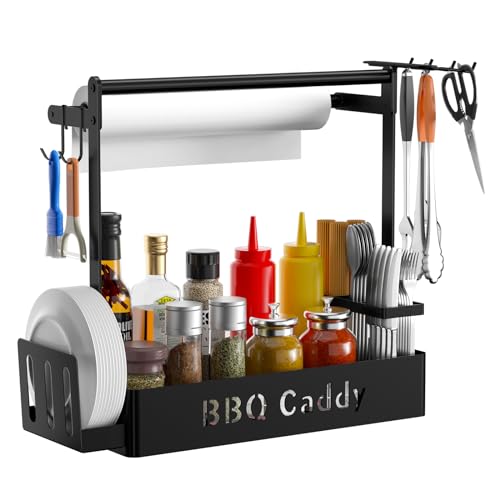 Grill Caddy for Outdoor Grill, BBQ Caddy with Paper Towel Holder & 4 Hooks - color: Black-1