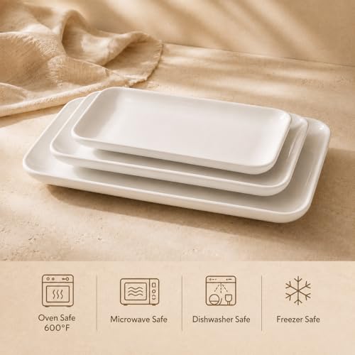 DELLING Large Serving Platter Set of 3, 16/14/12 Inch Porcelain Serving Trays for Party - White Ceramic Rectangular Platters for Entertaining, Appetizer Fruit Tray for Gethering Shower Dinner - color: White, size: 16 x 9.5 inch, 14 x 8.1 inch, 12 x 7.1 in