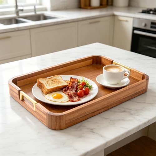 GinSent Wooden Serving Tray with Handles,Wooden Trays for Kitchen Counter Decorative Trays Wood Tray Coffee Table Tray for Living Room House Decor 16.7-INCH with 1.2cm Thickness Wood - color: Light Brown(rectangle 18")