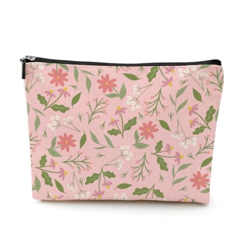 Boho Makeup Bag, Pastel Wildflower Cosmetic Bag Makeup Organizer Pouch - color: PinkFlower