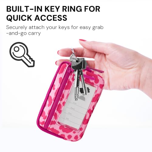 Small Wristlet Wallets for Women with Clear ID Window, Keychain Coin Purse - color: Hot Pink Leopard
