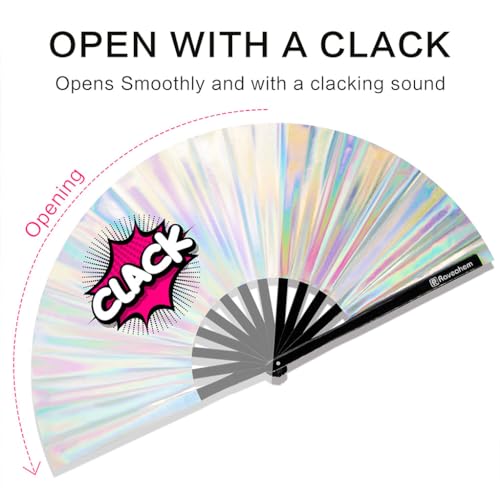 Large Rave Fan, Clack Folding Hand Fan with Premium Fabric, Thick Bamboo Frame for Men Women Gift for EDM, Festival, Club, Party, Dance, Decoration (Holographic Silver, 11") - color: Holographic Silver, size: 11"