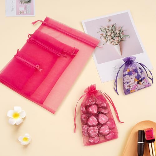 50PCS Hot Pink Organza Bags 3x4, Small Gift Bags Drawstring Mini Mesh Pouches for Jewelry Candy Makeup Sachet, Cute Goodie Baggies for Birthday Wedding Baby Shower Halloween Party Favors - color: Hot Pink