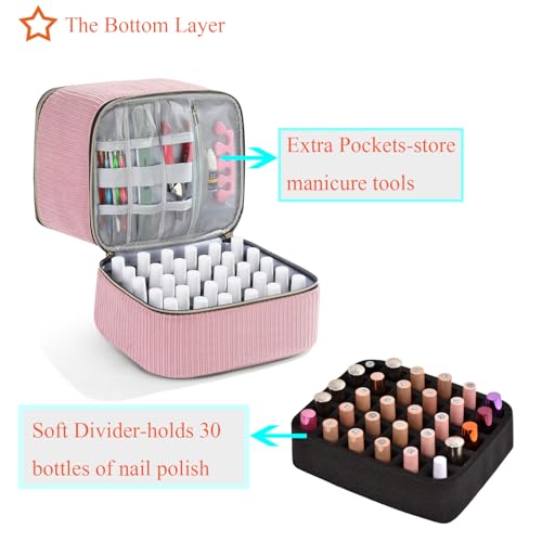 Corduroy Nail Polish Organizer and Nail Lamp Case, Nail Kit Organizer Holds 30 Bottles (15ml - 0.5 fl.oz) and a Nail Lamp, Nail Polish Carrying Case with Manicure Tools Storage Sections (Pink) - color: Pink