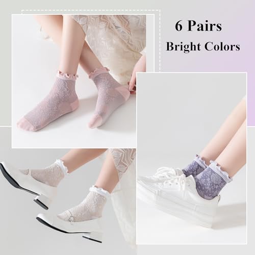 Women‘s Ruffle Ankle Socks,Vintage Patterned,Short Casual Dress Sock,Cute Princess Lettuce Floral Socks 6 Pack - color: Cute Color