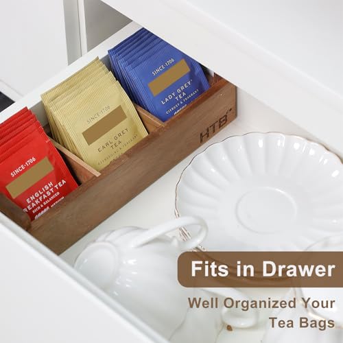 HTB 2 Pack Acacia Wood Small Tea Bag Box with 3 Compartments for Counter - color: Acaica Wood 2PCS