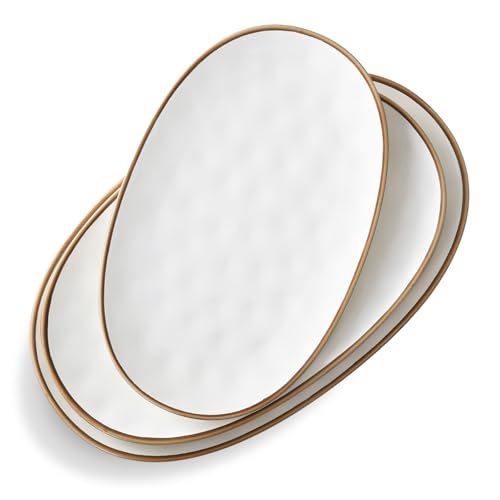 Ceramic Oval Serving Platter with Brown Rim: 15.6/14.3/12.9 Inch Large Serving Dishes for Entertaining Party, Turkey, Steak, Ham, Microwave Dishwasher Safe - color: White, size: Oval