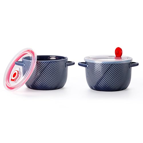Ceramic Soup Bowl with Lid & Handle, Microwave Safe 32 oz, Navy - color: Navy, size: 2 pcs
