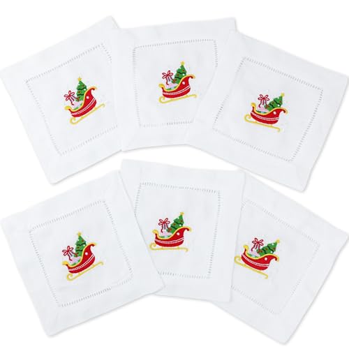 100% Linen Cocktail Napkins with Eembroidery Christmas Sleigh 6 Pack Cloth Coaster for Xmas Parties Kitchen Coffee Bar Gift Ladder Hemstitch Snowy Sleighride Square Fabric Napkins (6"x6") - color: Sleigh