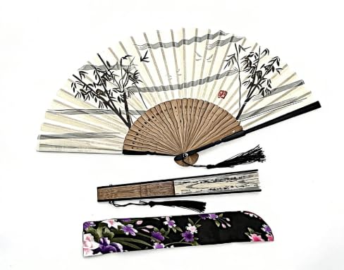 Original Hand-Painted Ink Bamboo Silk Folding Fan with Traditional Red Seal, Bamboo-Framed Hand Fan for Women and Men, Ideal for Cooling, Performance, Gifting, and Home Decor - color: Bamboo